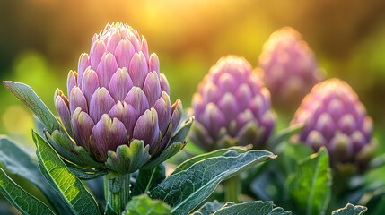 Poster - artichoke plant bathed in sunlight, showcasing its ripe, blooming flower. The scene symbolizes growth, natural beauty, and the rewards of nurturing