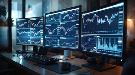 Poster - Computer monitors with financial charts on the screen, trading setup, trading desk. Generative AI.