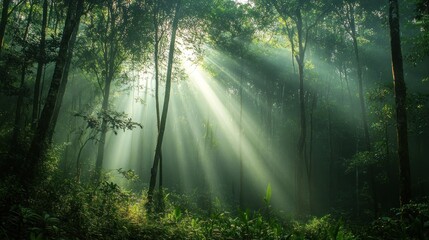 Sticker - Sunlight Filtering Through a Lush Green Forest