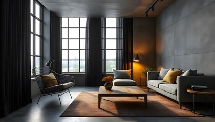 Modern industrial living room with dark concrete walls, metal armchair, rustic wood coffee table, and warm ambient lighting, black curtains covering tall windows, 3D render