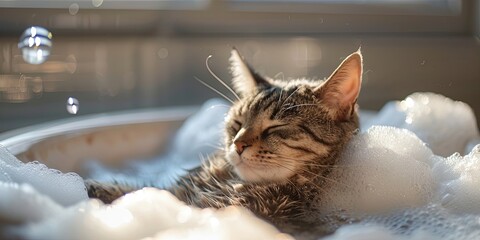 cat relaxing in bubble bath 