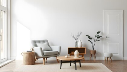 scandinavian inspired interior with a light gray armchair, blank wall, round coffee table, and minimal decor