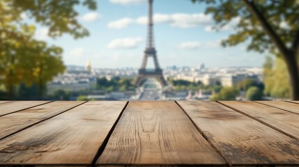 Empty wooden table with a view of the Eiffel Tower