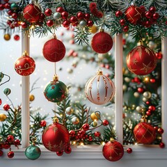 Poster - Christmas decorations, white background with red and green Christmas ornaments hanging on the left side of the window. The decoration includes mistletoe branches. Generative AI.