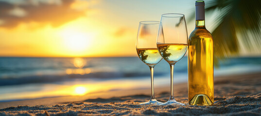 Sunset view with wine bottle and glasses on the beach