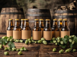 Handlabeled craft beer bottles arranged with fresh hops, wooden background, artisan beer display, natural and authentic