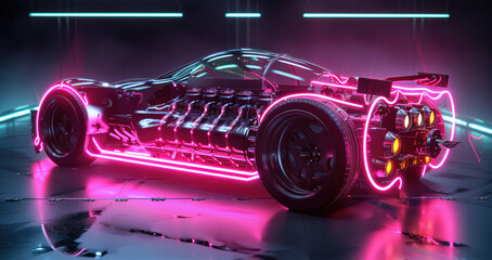 Poster - An artistic interpretation of a hybrid supercar engine, with LED lights outlining the integration of electric and combustion elements in striking colors like neon pink. Generative AI.