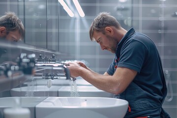 Aufkleber - Worker professionally changing water taps in bathroom. Focus on worker and his work. Generative AI.