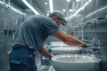 Aufkleber - Worker professionally changing water taps in bathroom. Focus on worker and his work. Generative AI.