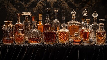 premium boutique spirits arranged on a black velvet cloth, accented by gold and silver tones, exclus