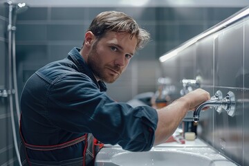 Aufkleber - Worker professionally changing water taps in bathroom. Focus on worker and his work. Generative AI.