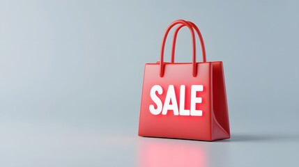 Red shopping bag with the word SALE in white letters on a light grey background, representing a seasonal discount or promotion.