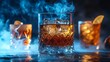 © nitiroj - Whiskey glass with a smoking effect, rum in a tiki mug, and vodka in a sleek shot glass, moody background, creative spirits, artistry and innovation