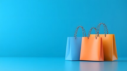 Three colorful shopping bags in blue and orange against a bright blue background, ideal for retail and shopping concepts.