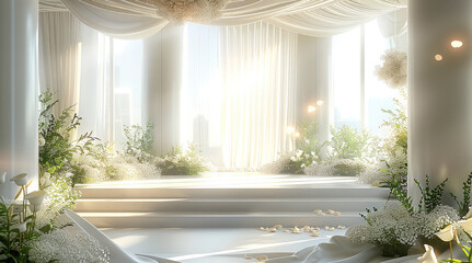 Aufkleber - White wedding stage, surrounded by white flowers and green plants, covered with gauze, surrounded by transparent glass walls, interior design with delicate details, romantic atmosphere. Generative AI.