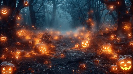 Wall Mural - Dark forest with glowing pumpkins and orange mist, Fantasy, with copy space for text. Generative AI.