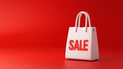 Wall Mural - White shopping bag with red sale sign on a bright red background, representing discounts, promotions, and shopping events.