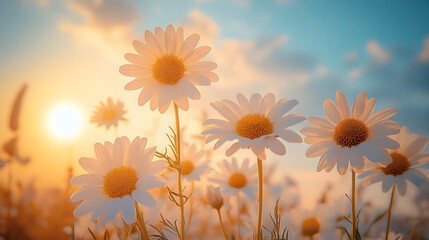 Poster - A field of daisies illuminated by a warm sunset.