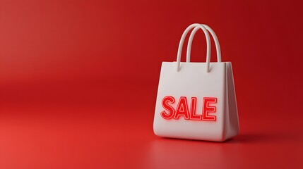 White shopping bag with red 'SALE' text on a vibrant red background. Perfect for retail promotions and marketing campaigns.