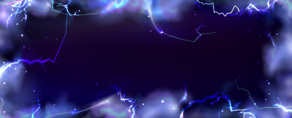 Poster - Frame from thunder lightning blue purple smoke on dark background. Natural energy border with thunderbolt light or electric energy sparkle. Realistic 3d vector storm flash power or magic wizard bg.