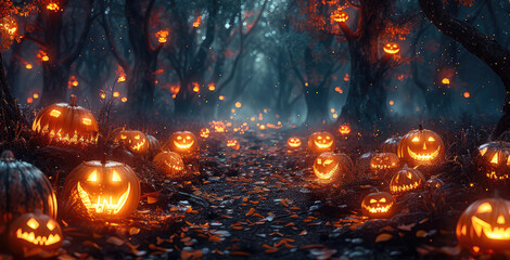 Wall Mural - Dark forest with glowing pumpkins and orange mist, Fantasy, with copy space for text. Generative AI.