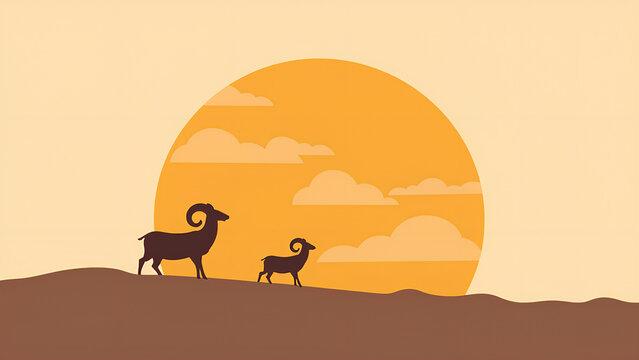 Minimalist Islamic design with ram and sunset Abstract Eid al-Adha ram illustration Modern Kurban Bayram greeting card
