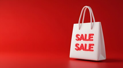 Wall Mural - White shopping bag with SALE text in red, isolated against a red background. Perfect image for discount and promotion advertisements.