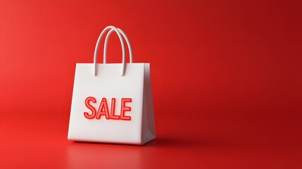 Wall Mural - White shopping bag with 'SALE' text on a red background, symbolizing a discount and promotional offer. Ideal for marketing and retail use.