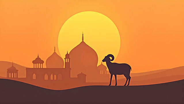Minimalist Islamic design with ram and sunset Abstract Eid al-Adha ram illustration Modern Kurban Bayram greeting card