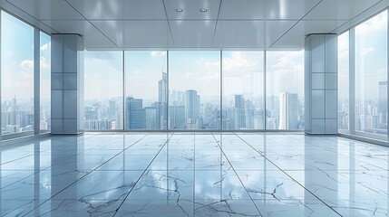 Leinwandbilder - Interior space, clear weather, empty white floor tiles, with city skyline as background. Generative AI.
