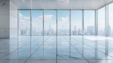 Leinwandbilder - Interior space, clear weather, empty white floor tiles, with city skyline as background. Generative AI.