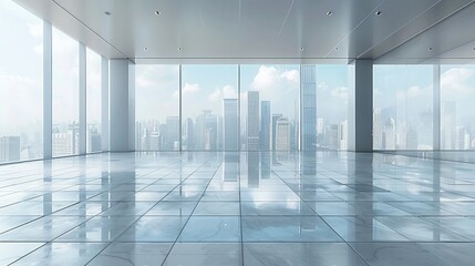 Leinwandbilder - Interior space, clear weather, empty white floor tiles, with city skyline as background. Generative AI.
