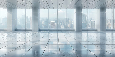 Poster - Interior space, clear weather, empty white floor tiles, with city skyline as background. Generative AI.