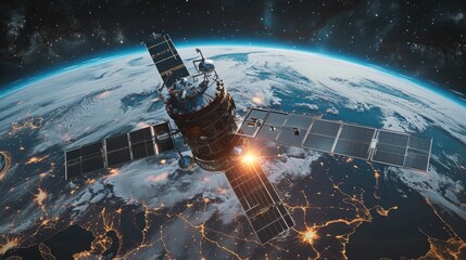 Aufkleber - A satellite orbiting the Earth. The satellite, with large solar panels extending from its sides, appears to be in a low Earth orbit. The panels are meticulously crafted. Generative AI.