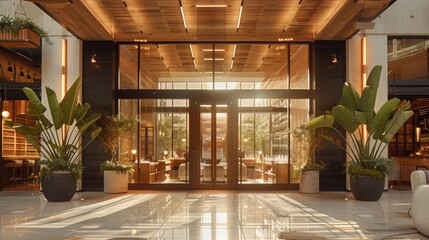 A hotel storefront, featuring natural elements, natural lighting. Generative AI.