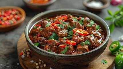 Wall Mural - Spicy Beef Stew with Chili Peppers and Cilantro