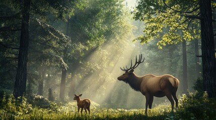 Wall Mural - Majestic Elk in Sunlit Forest