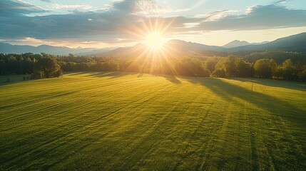 Wall Mural - Aerial view of sun rays over green grass field in autumn, forest and mountains on the horizon. Natural beauty concept. Generative AI.