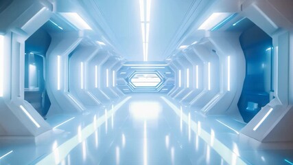 Poster - Futuristic blue tunnel corridor with glowing lights, 3d rendering, 3D rendered illustration of an empty illuminated spaceship corridor