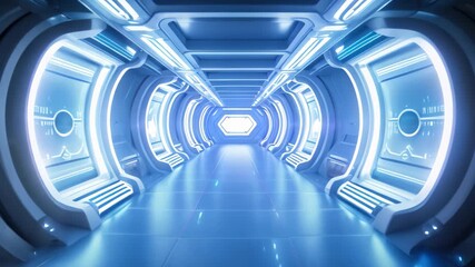Poster - Futuristic scifi tunnel corridor with glowing lights 3D rendering, 3D rendered illustration of an empty illuminated spaceship corridor