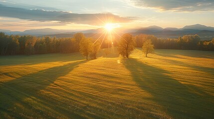 Poster - Aerial view of sun rays over green grass field in autumn, forest and mountains on the horizon. Natural beauty concept. Generative AI.