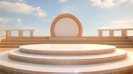 Poster - 3d render of round podium with blue sky and white clouds background, 3D rendering of a podium platform