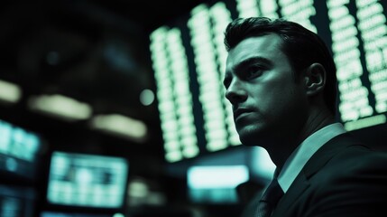 Poster - A Man in a Suit Gazes Thoughtfully at a Wall of Screens