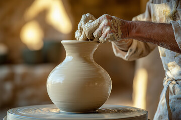 potter is working on a vase, shaping it with his hands. Concept of craftsmanship and dedication to the art of pottery