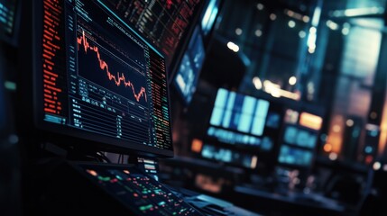 Poster - A Computer Monitor Displaying a Stock Market Graph in a Dimly Lit Room