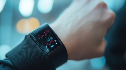 Poster - Close-up of a person's wrist wearing a smartwatch displaying a graph in red