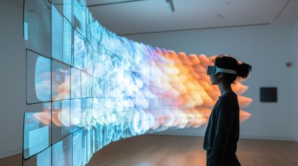 Poster - Woman wearing VR headset looking at digital art installation