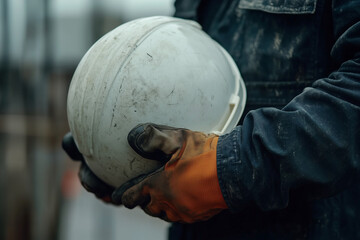 man wearing a safety helmet and orange vest. He is holding the helmet in his hand. Concept of safety and caution, as the man is wearing protective gear while working