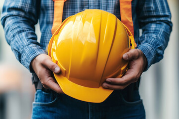 Wall Mural - person wearing a yellow hard hat is holding it in their hand. The person is wearing a reflective vest and a blue shirt