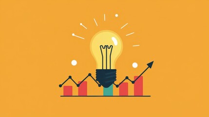 Poster - Light bulb shining over a graph, idea and business growth, flat design illustration, copy space, stock chart